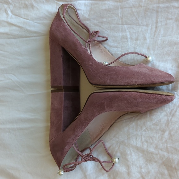 Kate Spade New York Gena Suede Block Heel Pumps with Pearl Detail In Blush Pink - Picture 6 of 11